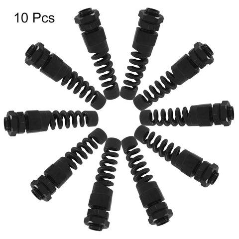 10 black PG7 Cable Gland Waterproof Plastic Glands For 3mm To 6.5mm Wire Holes With Rubber Seal Spiral Flex Strain Relief Protector PA66