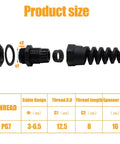 Exploded view of Two Pack PG7 Cable Gland Waterproof IP68 Nylon Joint showing components and dimensions for 4.5 to 7.8mm wire diameter