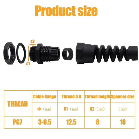 Exploded view of Two Pack PG7 Cable Gland Waterproof IP68 Nylon Joint showing components and dimensions for 4.5 to 7.8mm wire diameter