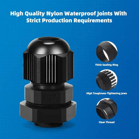 Cable Gland Kit Pack Of 20 Waterproof PG7 Cord Glands 3-7mm Nylon PA66 Strain Relief Connectors With Gaskets IP68 Rated For Electrical Boxes