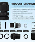 Heavy Duty PG7 Cable Glands Black Nylon Waterproof IP68 with gaskets and adjustable locknut, components overview for installation