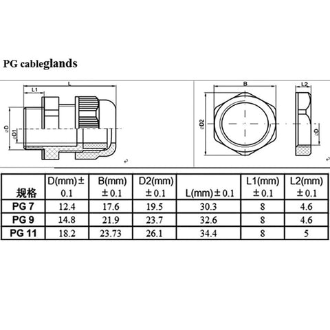 Technical diagram of 15Pcs Cable Gland Sealing Fittings Set For PG7 PG9 PG11 Plastic Cable Glands With Sealing Ring.