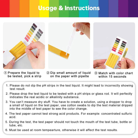 Usage instructions for 2 Pack pH Test Strips, showing step-by-step guide for testing liquid pH levels.
