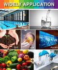 2 Pack pH Test Strips used for pool, drinking water, soil, urine, aquarium, food, with diverse applications shown in images