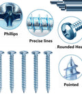 Close-up of zinc phillips screws from Self Drilling Drywall Anchor Kit with pointed tips and precise lines.
