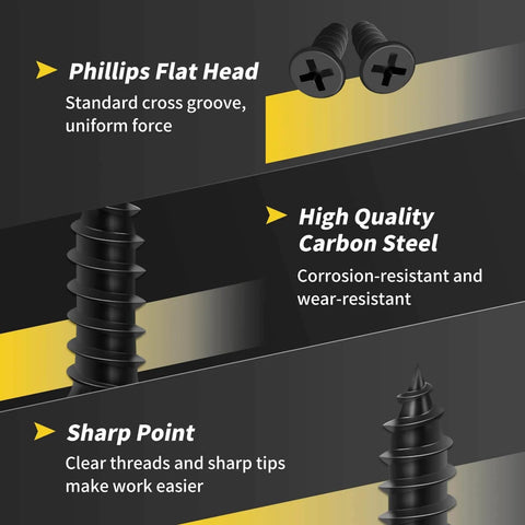 Features of Fixlink Wood Screws Size 6 Half Inch Flat Head Phillips Self Tapping Carbon Steel Black 135 Pack For Indoor Furniture