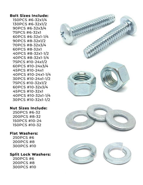 Phillips Pan Head Machine Screws Bolts Assortment Kit With Flat And Split Washers And Hex Nuts 3556 Pieces with detailed sizes