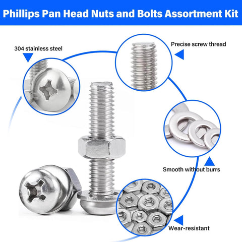 1110 Pcs Stainless Steel Nuts and Bolts Assortment Kit with #4 40 #6 32 #8 32 #10 24 Pan Head Phillips Screws Nuts and Washers Organized for Repairs Electrical and Hardware Projects close-up of screws and bolts.