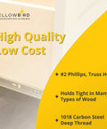 Yellowbird woodworking screws with high quality low cost text, #2 Phillips truss head, and 1018 carbon steel deep thread features.