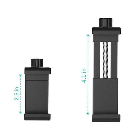 Universal Wall Mount Bracket With Adjustable Metal Arm For Action Cameras And Smartphones, heavy duty, showing phone clip sizes.