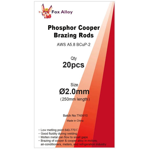 Phosphorus Copper Brazing Rods BCuP2 2mm 20 Pcs Self Fluxing For TIG Arc Welding Pipes And HVAC by Fox Alloy packaging