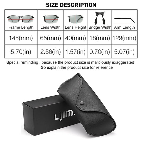 Size chart and case of Photochromic Polarized Driving Sunglasses for Men Day and Night Vision.