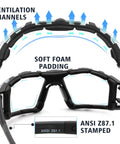 Interior view of Photochromic Safety Glasses With Wraparound Lenses And Removable Foam Gasket showing ventilation channels and ANSI stamp.
