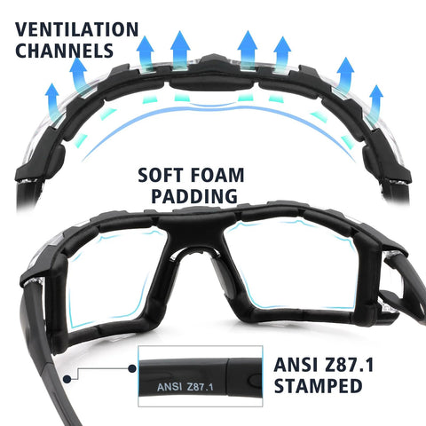 Interior view of Photochromic Safety Glasses With Wraparound Lenses And Removable Foam Gasket showing ventilation channels and ANSI stamp.