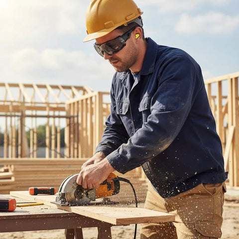 Construction worker using saw wearing Photochromic Safety Glasses With Wraparound Lenses And Removable Foam Gasket