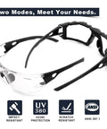 Photochromic Safety Glasses With Wraparound Lenses And Removable Foam Gasket shown in front view, impact resistant.