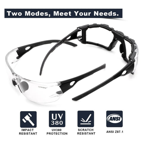 Photochromic Safety Glasses With Wraparound Lenses And Removable Foam Gasket shown in front view, impact resistant.