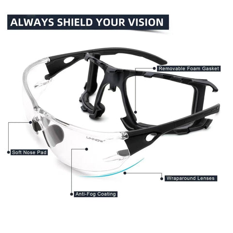 Photochromic Safety Glasses With Wraparound Lenses And Removable Foam Gasket, displayed with soft nose pad and anti-fog coating