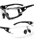 Photochromic Safety Glasses With Wraparound Lenses And Removable Foam Gasket, black frame, shown from different angles.