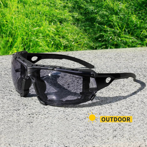 Photochromic Safety Glasses With Wraparound Lenses And Removable Foam Gasket on outdoor concrete surface