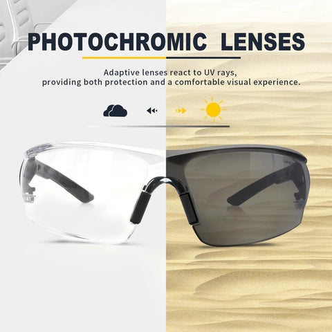 Photochromic Safety Glasses With Wraparound Lenses And Removable Foam Gasket showing clear to dark tint transition