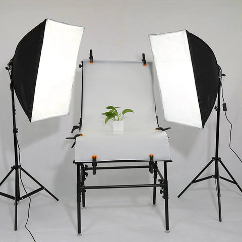Photo setup using 12 Pack 3.5 Inch Plastic Spring Clamps Heavy Duty Nylon Craft Clips For Backdrop Stands Woodworking And Photography Studios Durable Non Scratch Grip Secure Clamps With Versatile Application In Studio And On Set on backdrop and table.