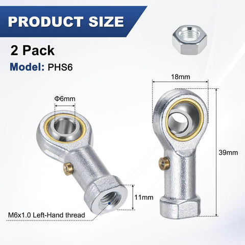 2-Pack PHS6 Rod End Bearing With M6x1.0 Left-Hand Thread Self-Lubricating Female Thread Steel Joint Details