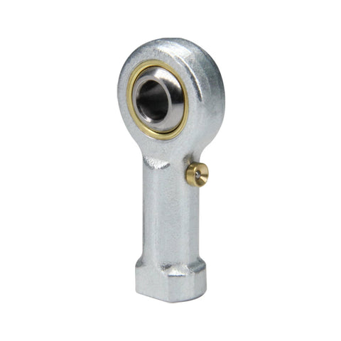 Front view of PHSB4 Rod End Bearings with 1/4 Inch Bore and 1/4-28 Right Hand Female Thread, pre-lubricated Heim joint, metallic finish.