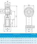 Technical diagram of PHSB4 Rod End Bearings with 1/4 Inch Bore and 1/4-28 Right Hand Female Thread specifications.