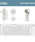 Technical diagram and specifications of PHSB7L rod end bearing kit, 7/16 inch bore with 7/16-20 left hand female thread