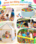 Kids playing with Ball Pit Balls Phthalate Free BPA Free Crush Proof Plastic in various settings like tents, kiddie pools, and playhouses.