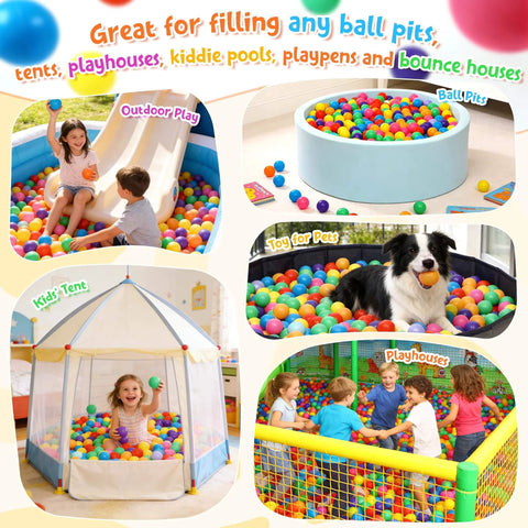 Kids playing with Ball Pit Balls Phthalate Free BPA Free Crush Proof Plastic in various settings like tents, kiddie pools, and playhouses.