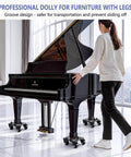 Woman using 2000 lb heavy duty furniture dolly with groove design to move a grand piano, featuring carbon steel panel movers and 360° caster wheels.