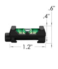 Precision Picatinny Bubble Level for Guns and Rifles with Anti Cant Technology, high visibility green liquid level, dimensions labeled.