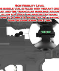 Precision Picatinny Bubble Level For Guns And Rifles With Anti Cant Technology High Visibility Green Liquid Level And Triangular Centering Markings For Fast Accurate Shots Eliminates Canting And Improves Long Range Rifle Accuracy installed on rifle close-up view