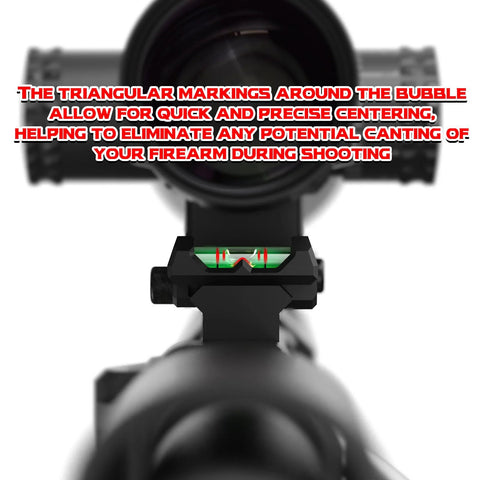 Picatinny Bubble Level showing triangular centering markings and green liquid for guns and rifles with anti-cant technology.