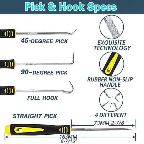 O Ring Assortment Kit With 32 Sizes And 1540 Rubber Seals, Includes Pick And Hook Set showing 45, 90-degree picks and full hook.