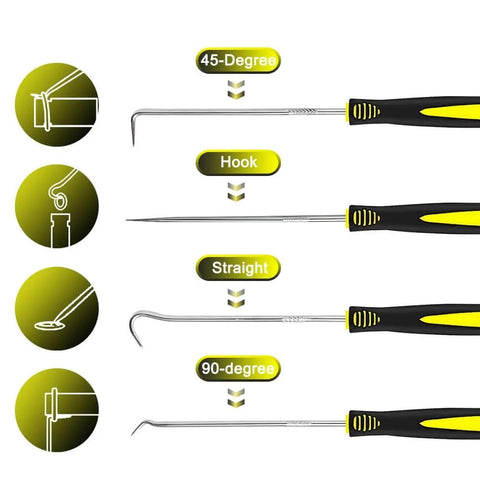 Set of four pick and hook tools from the O Ring Assortment Kit With 32 Sizes And 1540 Rubber Seals for various sealing tasks.