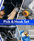 Collage showing the 17 Piece Hook And Pick Set For Auto Trim Removal Kit Keze Pro Grade Telescoping Magnetic Pickup Tool in use