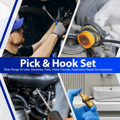 Collage showing the 17 Piece Hook And Pick Set For Auto Trim Removal Kit Keze Pro Grade Telescoping Magnetic Pickup Tool in use