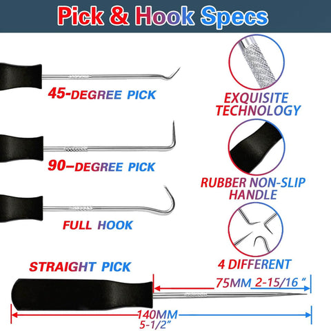 Ultimate Universal O Ring Kit Pro Grade With SAE And Metric Sizes 407 Pieces pick and hook set showing 4 different tools.
