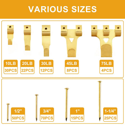 Variety of hooks and nails from 303 Piece Picture Hanging Kit With Heavy Duty Hooks Nails Sawtooth Wire D Rings And Level