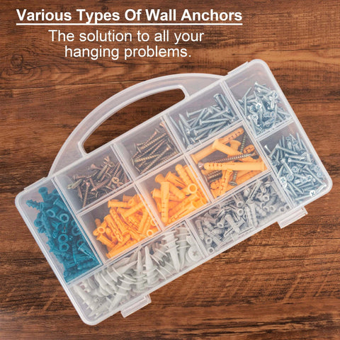 510Pcs Wall Hanging Kit with Anchors and Screws in organizer box, various types of wall anchors for sheetrock, concrete, brick.