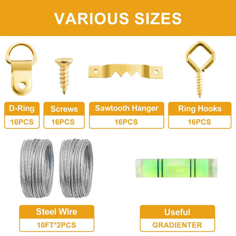 303 Piece Picture Hanging Kit With Heavy Duty Hooks Nails Sawtooth Wire D Rings And Level In A Categorized Organizer components displayed