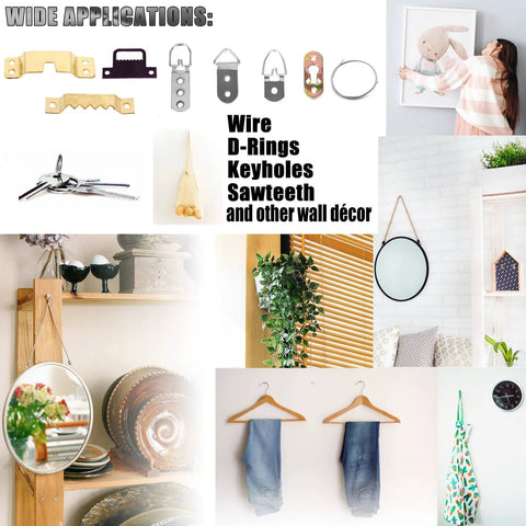Wide applications of Laffeya Heavy Duty Double Headed Bear Claw Picture Hanging Screws for frames, mirrors, clocks, and décor on walls.