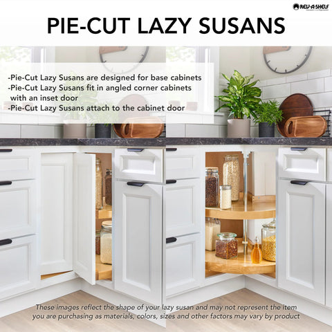 Kitchen with pie-cut dual tier lazy Susan organizer for corner base cabinets, showcasing 28 inch white rotating storage shelves