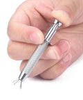 Person holding a stainless steel Piercing Jewelry Ball Grabber Tool For 16G Piercings With Screw On Replacement Balls Kit for easy jewelry changes.