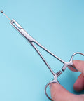 3mm Piercing Ball Removal Tool Stainless Steel Dermal Anchor Forceps being held against blue background