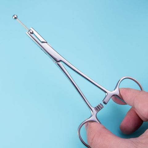 3mm Piercing Ball Removal Tool Stainless Steel Dermal Anchor Forceps being held against blue background