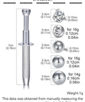 Diagram of Piercing Jewelry Ball Grabber Tool For 16G Piercings With Screw On Replacement Balls, showing measurements and materials.